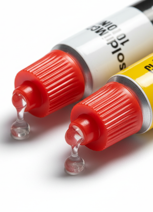 SoldiMix Clásico – detalle de tubos rojo y amarillo con etiqueta de marca – epóxico bicomponente de fraguado rápido


