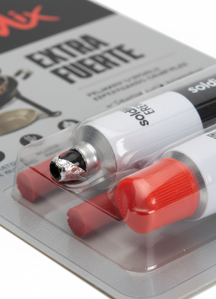 SoldiMix Extra Fuerte – detalle de tubos y etiqueta de marca – epóxico bicomponente industrial de fraguado rápido

