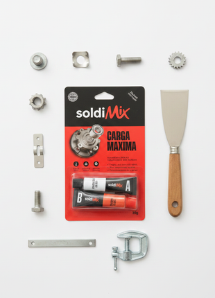 SoldiMix Fuerza Máxima – kit epóxico 2 tubos con accesorios – solución profesional para pegado de metal, cerámica y materiales duros

