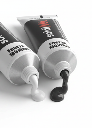SoldiMix Fuerza Máxima – detalle de tubos y etiqueta de marca – epóxico bicomponente de alta resistencia para uso industrial

