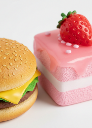 Squishy Hamburguesa y Pastel Fresa detalle - textura foam realista slow-rise, acabado kawaii premium