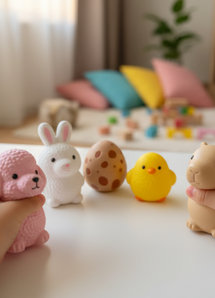 Squishies kawaii slow-rise - niño jugando con 5 animales de foam suave, juguete sensorial antiestrés