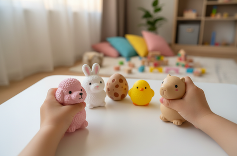 Squishies kawaii slow-rise - niño jugando con 5 animales de foam suave, juguete sensorial antiestrés