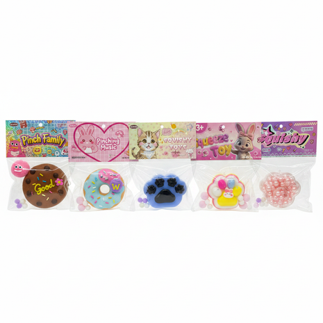 Squishy squeeze toys x6 variantes – galleta donut pata nube y perlas – antiestrés kawaii para niños

