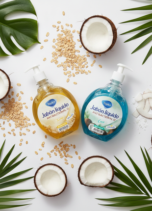Tópico jabón líquido avena y coco 1L – flat lay con avena y coco natural – aroma fresco e hidratante

