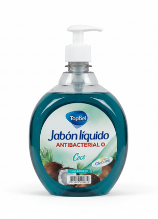 Tópico jabón líquido antibacterial coco 1L – dispensador azul turquesa – protección y frescura tropical