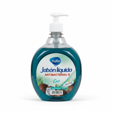 Tópico jabón líquido antibacterial coco 1L – dispensador azul turquesa – protección y frescura tropical