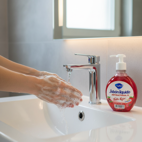 Tópico jabón líquido frutas rojas – lavado de manos con espuma – antibacterial – cuidado diario de la piel