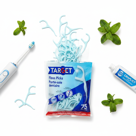 Target Floss Picks menta x75 – hilo dental con palillo – sin deshilachado – combate placa y mal aliento
