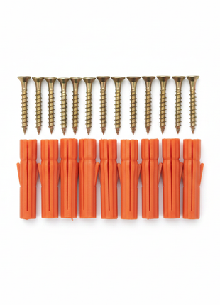 Set x10 tarugos plástico naranja con tornillos dorados Phillips, cuerpo estriado expansión para pared


