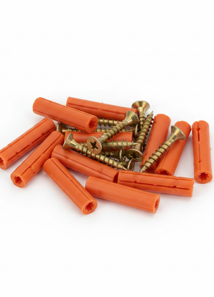 Juego x10 tarugos naranja y tornillos dorados 4x50mm para pared — OcShop Perú

