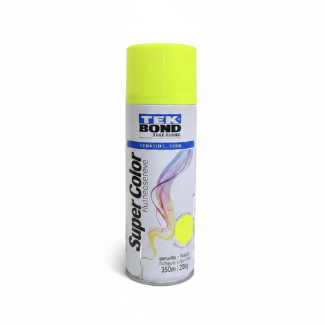 TEK BOND Super Color spray amarillo fluorescente – pintura en aerosol alta visibilidad – acabado brillante intenso – uso en señalización, manualidades y superficies

