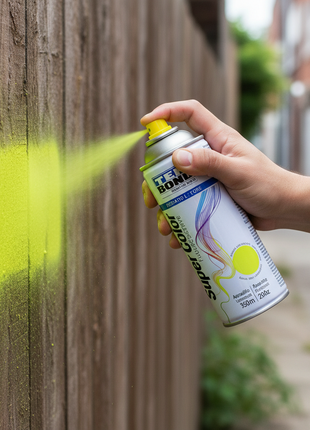 TEK BOND Super Color amarillo fluorescente en uso – aerosol aplicado a mano – pintura vibrante de secado rápido – ideal para proyectos creativos y señalización


