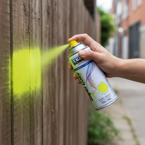 TEK BOND Super Color amarillo fluorescente en uso – aerosol aplicado a mano – pintura vibrante de secado rápido – ideal para proyectos creativos y señalización

