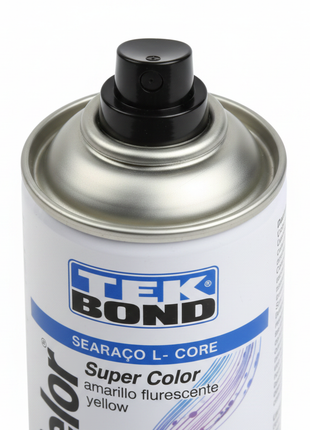 TEK BOND Super Color amarillo fluorescente – detalle boquilla spray – válvula de precisión – aerosol profesional de alta pigmentación y visibilidad

