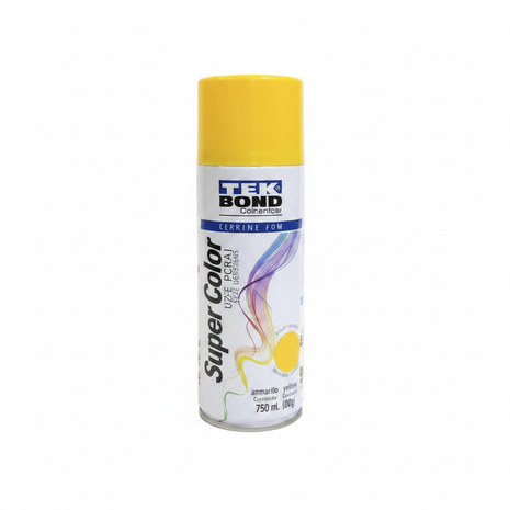 TEK BOND Super Color spray amarillo – pintura en aerosol de alta cobertura – acabado brillante vibrante – uso en metal, madera y superficies decorativas


