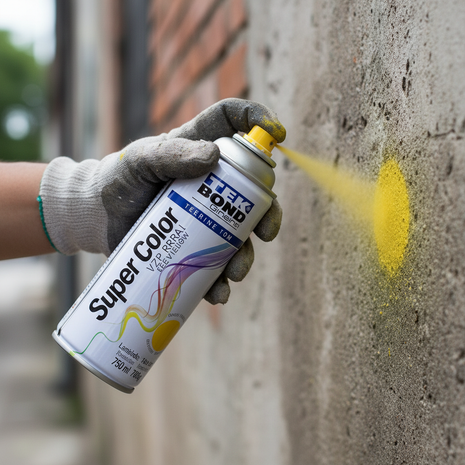 TEK BOND Super Color amarillo en uso – aerosol aplicado a mano – pintura de secado rápido – ideal para manualidades, señalización y proyectos del hogar

