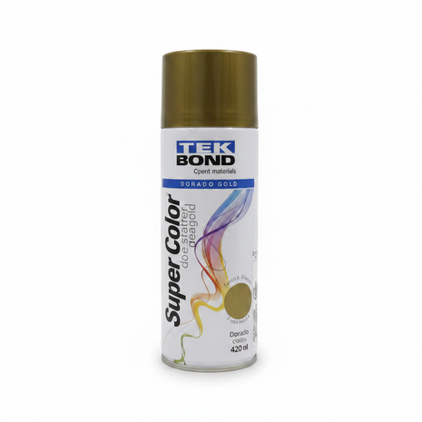 TEK BOND Super Color spray dorado – pintura en aerosol acabado metalizado – cobertura uniforme y brillante – uso en decoración, madera y superficies ornamentales

