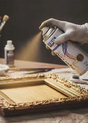 TEK BOND Super Color dorado en uso – aerosol aplicado a mano – pintura metalizada de secado rápido – ideal para restauración de objetos decorativos y manualidades

