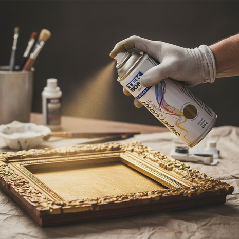 TEK BOND Super Color dorado en uso – aerosol aplicado a mano – pintura metalizada de secado rápido – ideal para restauración de objetos decorativos y manualidades

