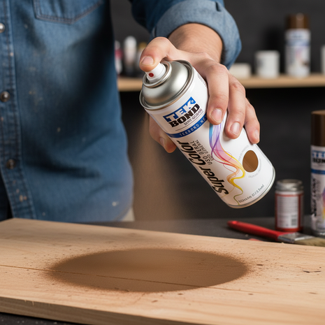 TEK BOND Super Color marrón en uso – aerosol aplicado a mano – pintura de secado rápido – ideal para restauración de muebles y proyectos de madera

