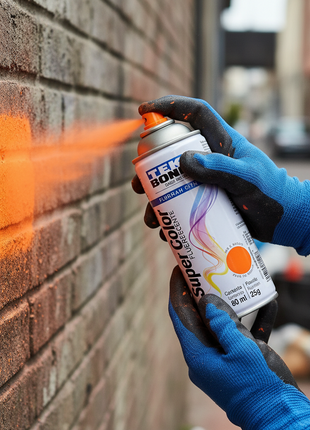 TEK BOND Super Color naranja fluorescente en uso – aerosol aplicado a mano – pintura vibrante de secado rápido – ideal para proyectos creativos y señalización

