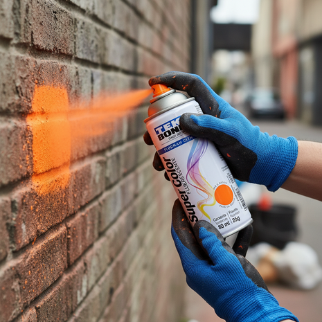 TEK BOND Super Color naranja fluorescente en uso – aerosol aplicado a mano – pintura vibrante de secado rápido – ideal para proyectos creativos y señalización

