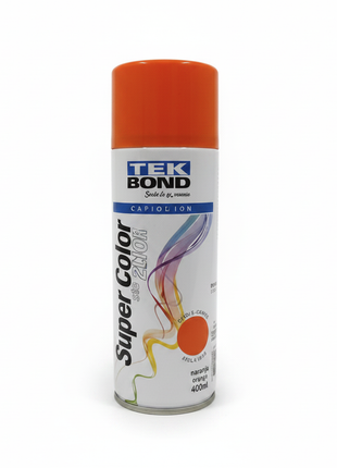 TEK BOND Super Color spray naranja – pintura en aerosol de alta cobertura – acabado brillante cálido – uso en metal, madera y superficies decorativas

