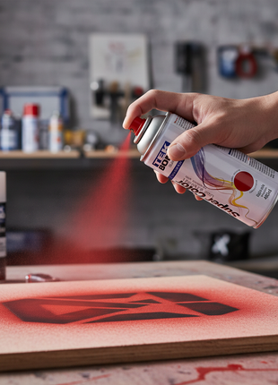 TEK BOND Super Color rojo en uso – aerosol aplicado a mano – pintura de secado rápido – ideal para restauración, manualidades y proyectos del hogar

