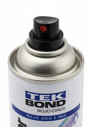 TEK BOND Super Color rojo – detalle boquilla spray – válvula de precisión – aerosol profesional acabado brillante y duradero

