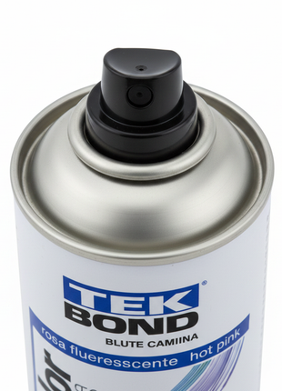 TEK BOND Super Color rosa fluorescente – detalle boquilla spray – válvula de precisión – aerosol profesional de alta pigmentación

