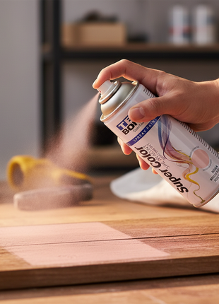 TEK BOND Super Color rosa en uso – aerosol aplicado a mano – pintura de secado rápido – ideal para proyectos creativos y decoración del hogar

