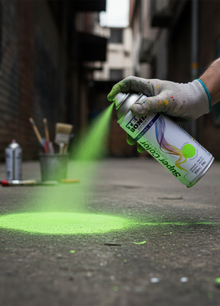 TEKBOND Super Color verde fluorescente en uso – aerosol aplicado a mano – pintura vibrante de secado rápido – ideal para proyectos creativos

