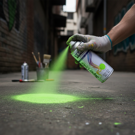 TEKBOND Super Color verde fluorescente en uso – aerosol aplicado a mano – pintura vibrante de secado rápido – ideal para proyectos creativos

