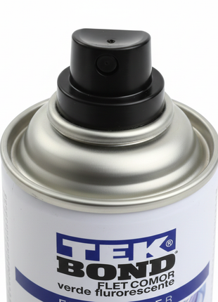 TEKBOND Super Color verde fluorescente – detalle boquilla spray – válvula de precisión – aerosol profesional de alta pigmentación

