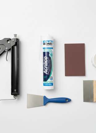 Tekbond Acrílico en cartucho con pistola y materiales de reparación – sellador para fisuras y grietas en paredes y techos – Envíos express

