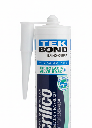 Tekbond Acrílico detalle de boquilla y etiqueta – sellador acrílico profesional para fisuras y grietas – Envíos express