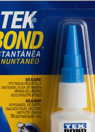 Tekbond aplicador de precisión cianocrilato – detalle de boquilla azul y etiqueta – adhesivo instantáneo profesional – Envíos express