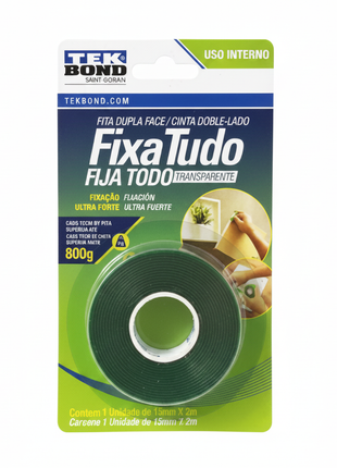 Tekbond Fixa Tudo Transparente cinta doble cara – fijación ultra fuerte 800g – uso interno – reemplaza clavos y tornillos

