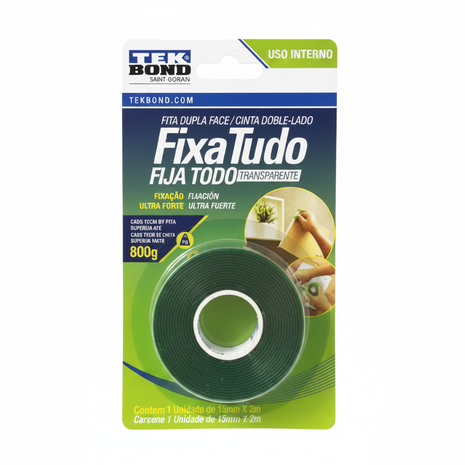 Tekbond Fixa Tudo Transparente cinta doble cara – fijación ultra fuerte 800g – uso interno – reemplaza clavos y tornillos

