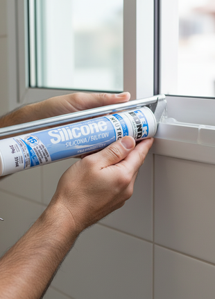 Tekbond Silicone Neutro aplicado con pistola en junta de cerámica y ventana – sellador transparente impermeable profesional – Envíos express

