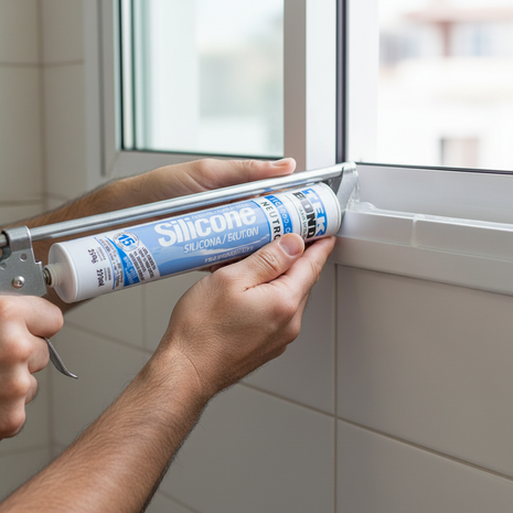 Tekbond Silicone Neutro aplicado con pistola en junta de cerámica y ventana – sellador transparente impermeable profesional – Envíos express

