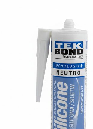 Tekbond Silicone Neutro detalle de boquilla y etiqueta – sellador de silicona transparente de alta adherencia – Envíos express