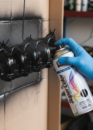 Tekbond Super Color negro brillante alta temperatura aplicado en piezas de motor – pintura aerosol resistente al calor extremo – Envíos express

