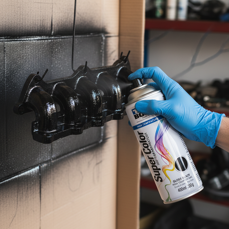 Tekbond Super Color negro brillante alta temperatura aplicado en piezas de motor – pintura aerosol resistente al calor extremo – Envíos express

