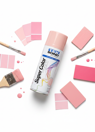 Tekbond Super Color spray rosa 400 ml – flat lay cenital con accesorios de pintura