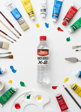 Thinner acrílico Lanco X-2 500ml – flat lay con pinceles y pinturas acrílicas – solución completa para pintura