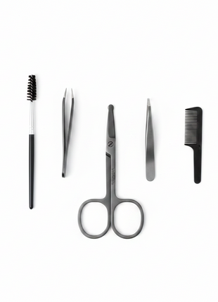 BESI Aoyasiyue tijera ceja flat lay accesorios grooming belleza acero gunmetal premium