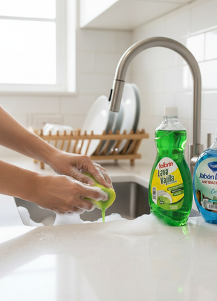 Tolbrín Lava Vajilla + Jabón Antibacterial en uso