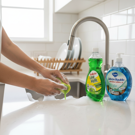 Tolbrín Lava Vajilla + Jabón Antibacterial en uso